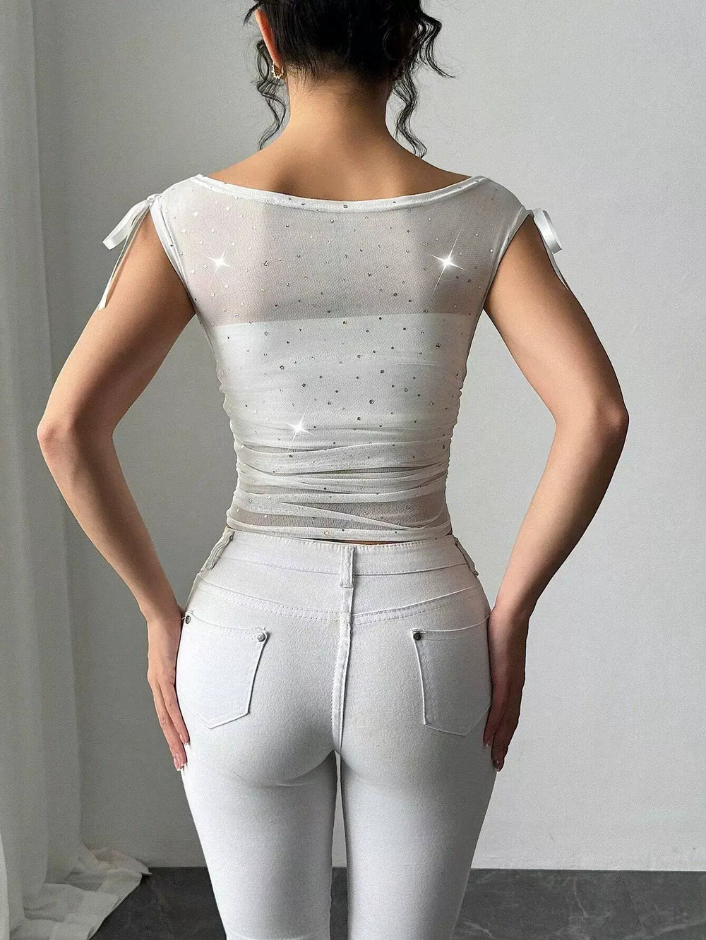 Zara Summer Sequin Mesh Off Shoulder Bow Ruffle Top - Picture 2 of 6